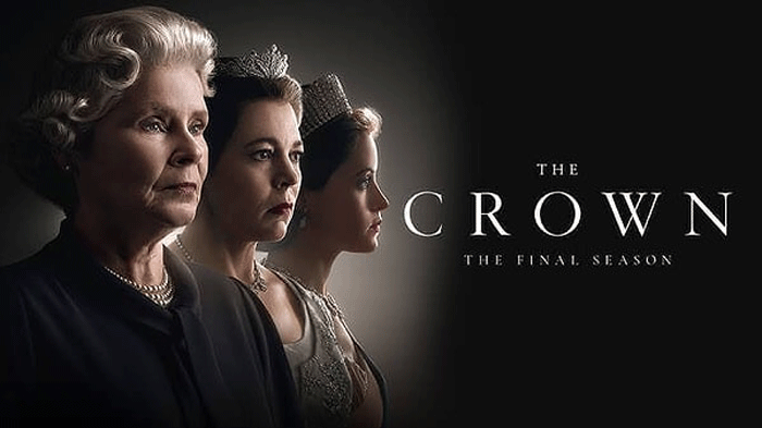 Kraliçe II. Elizabeth'in farklı dönemlerini canlandıran üç aktrisin yer aldığı, The Crown dizisinin final sezonu tanıtım afişi.