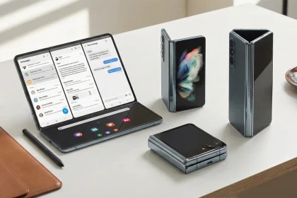 "Aydınlık bir ofis masası üzerinde duran çeşitli Samsung katlanabilir telefon koleksiyonu. Sol tarafta, geniş ekranı tamamen açık olan ve mesajlaşma arayüzünü gösteren tablet boyutunda bir telefon ile yanında siyah bir S Pen bulunuyor. Sağ tarafta ise aynı serinin yarım açık (L şeklinde), tamamen kapalı dik duran ve küçük kapaklı (Z Flip tarzı) versiyonları yer alıyor. Masada ayrıca deri bir kılıf, not defterleri ve bir fincan kahve görülüyor."