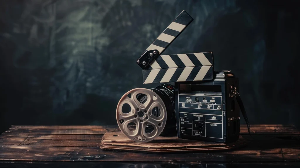: "Karanlık ve puslu bir arka plan önünde, ahşap masa üzerinde duran vintage bir film kamerası, üzerinde açık duran siyah-beyaz bir klaket ve yanında beyaz bir film makarası."