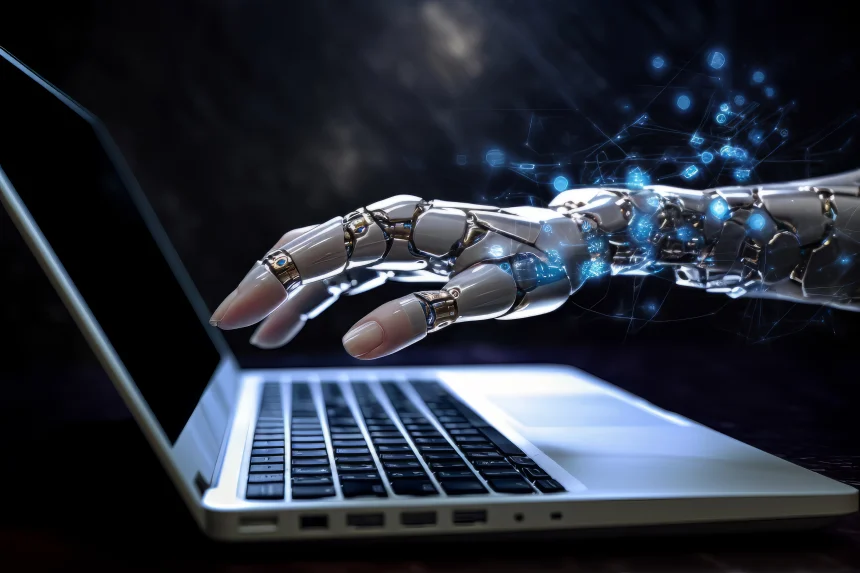 "Karanlık bir ortamda, beyaz ve metalik eklemlere sahip fütüristik bir robot eli, gümüş renkli bir dizüstü bilgisayarın klavyesinde yazı yazarken yan profilden görüntülenmiş. Robotun bilek ve el kısmından havaya saçılan parlak mavi dijital parçacıklar ve geometrik şekiller, veri akışını ve yüksek teknolojiyi simgeliyor."